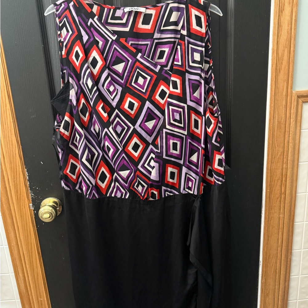 Asymmetrical Geometric Dress in Red, Purple, and Black